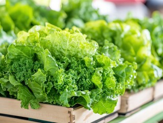 Fresh green lettuce varieties arranged in wooden boxes at a fresh markets, showcasing vibrant colors and textures, ideal for healthy eating.
