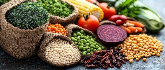 A colorful assortment of fresh vegetables and legumes is arranged at a market. Various produce items showcase the diversity of plant-based foods during World Vegan Day celebrations