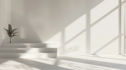 Obraz premium Minimalist Sunlit Room with Plant and Steps in White