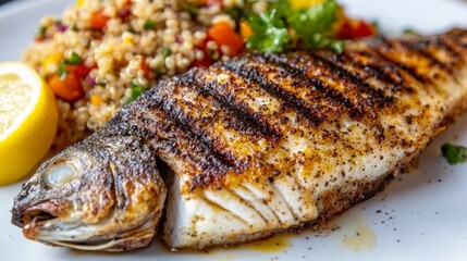 Grilled Fish with Fresh Vegetables and Lemon Slice