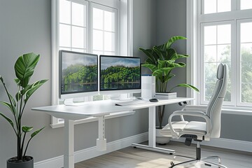 A modern workspace with a white standing desk, dual monitors, a sleek ergonomic chair, and a small potted plant beside a large window.