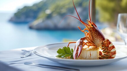 A beautifully plated lobster thermidor, surrounded by crisp white linens, in a fine dining restaurant overlooking the French Riviera