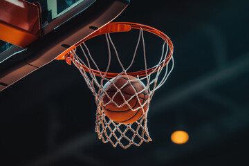 A basketball is in the net of a basketball hoop