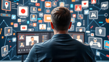 Back View Of Caucasian Man Enjoying 3D Cyberspace With Animated Social Media Interfaces, Online Video Games, Viral Videos, and Internet Content. Visualization Of Enthusiast Surfing Computer Network 