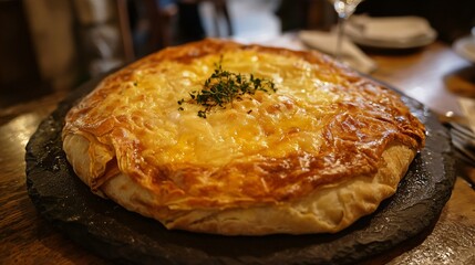A crispy Galette Bretonne with egg and cheese, served in a stone-walled restaurant in a small Brittany town