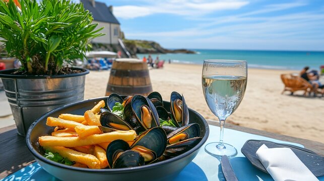 A colorful serving of moules-frites, mussels in a white wine sauce, on a beachfront restaurant table in Brittany