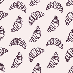 Seamless pattern of french croissants on a beige background. Bakery and breakfast pastry concept. Hand-drawn black line art. Cozy fall season. Vector design for textile, wallpaper, wrapping paper.