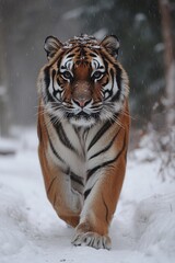 Fototapeta premium Siberian tiger walking in snow covered forest