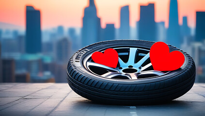 car tyre design sits vibrant backdrop bustling cityscape