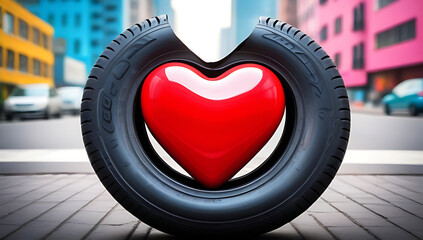 car tyre design sits vibrant backdrop bustling cityscape