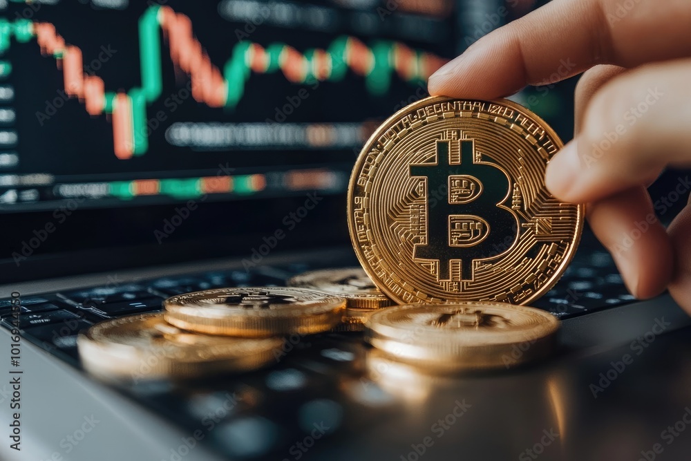 Poster Trader holding bitcoin with falling price chart on laptop screen