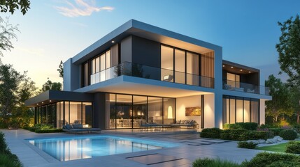Fototapeta premium Modern house with a pool, surrounded by greenery at dusk.