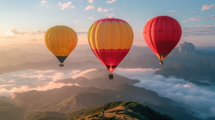 Fototapeta premium Colorful hot air balloons flying over foggy mountains at sunrise