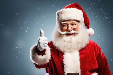 generated illustration of santa claus showing thumbs up isolated on blue background