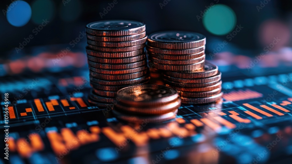 Poster Stacks of coins sitting on a graph displaying market data