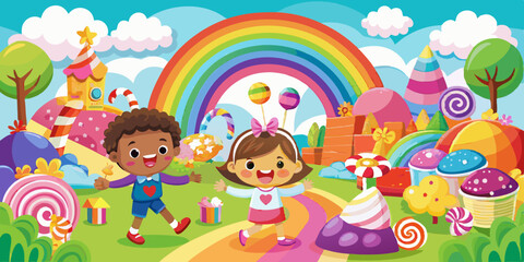 Obraz premium Some happy children playing in a joyful, colorful candy land. Features vibrant rainbow, lollipops, and whimsical scenery Editable all layer vector illustration