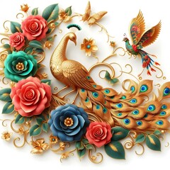 Obraz premium Flowers and a peacock surround a peacock golden with color roses 