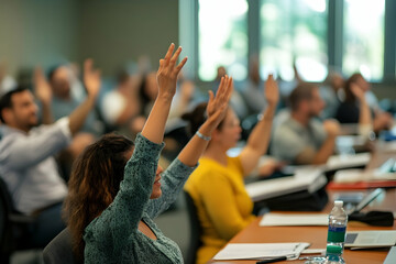 People raising hands during a seminar, engaging in a lively discussion