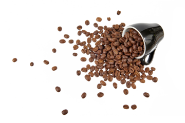 coffee beans falling out of black cup isolated on white or transparent png