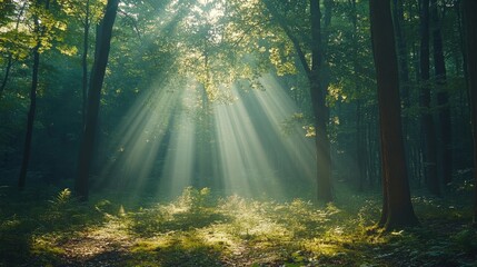 Obraz premium Sun shining through trees in lush green forest