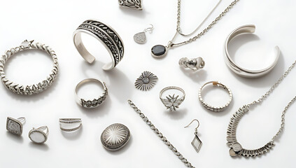 diverse collection silver jewelry pieces showcased alone clean white background