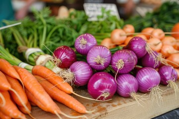 Fresh organic red onions and spring onions at farmers market