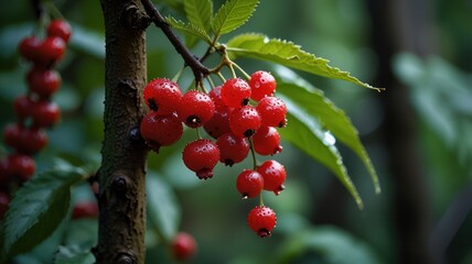 Obraz premium A cluster of ripe red currants hang from a branch, glistening with dew.