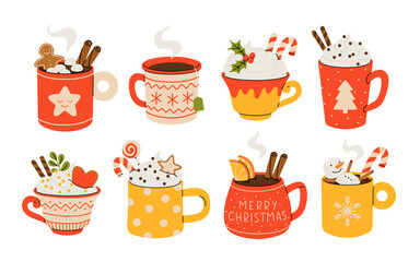 Christmas and Happy New Year set. Mugs of cacao with whipped cream, marshmallow and candy cane. Greeting card for Xmas, New year or winter holidays. Vector design template.