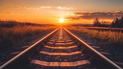 Fototapeta premium Sunset Over Distant Railroad Tracks in Golden Light