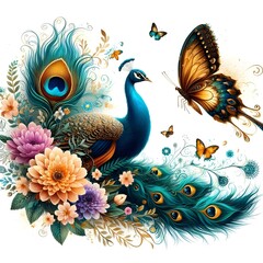 Fototapeta premium Flowers and a peacock surround a peacock golden with color roses 