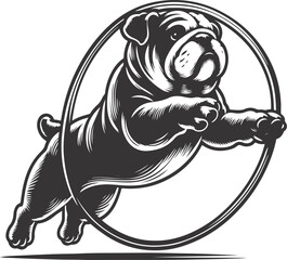 Obraz premium a bulldog jumping through a hoop silhouette vector design.