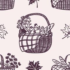 Seamless pattern of hand-drawn picnic baskets filled with bread, fruit, flowers, and autumn leaves on beige background. Autumn harvest and outdoor picnic design for textile, wallpaper, wrapping paper.