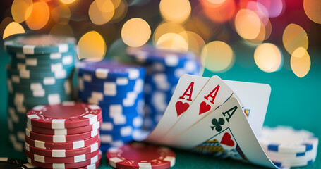 Luxurious casino night with poker cards and chips in michigan, featuring colorful poker chips in a glamorous setting