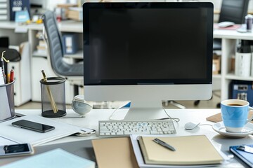An organized office desk with a desktop computer, a notebook, a pen, and a cup of coffee, all set against a background of office equipment and decor.