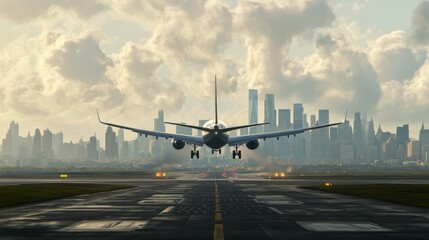 Fototapeta na wymiar Airplane Landing Near City Skyline at Sunset