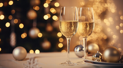 generated illustration of a romantic dinner for two with candles on the table at christmas night.