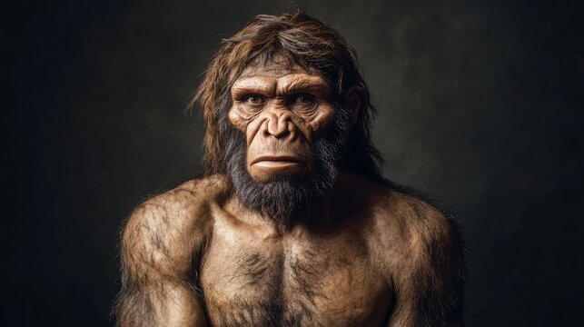 A close-up portrait of a Neanderthal man with a serious expression, his eyes locked on the viewer. - Powered by Adobe