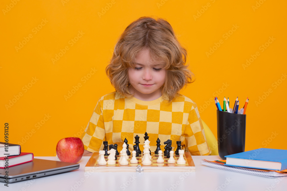 Aufkleber kid playing chess. clever child thinking about chess. kids early development. kid with chess on yell