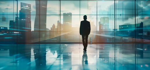 Fototapeta premium Businessman walking towards city skyline through glass office