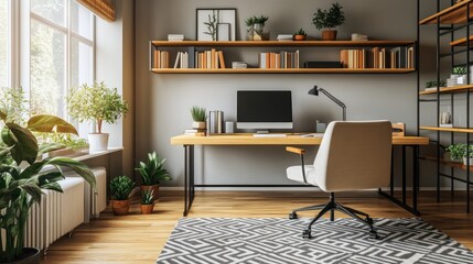 Modern office space with desk, computer, and plants, creating a productive atmosphere.