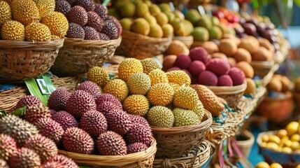 Colorful Display of Exotic Fruits in Baskets