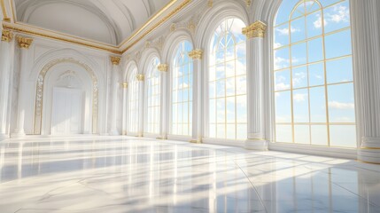 A breathtaking marble interior beautifully designed with grand, towering columns, opulent golden accents, and expansive large windows, reflecting classical elegance and timeless historic charm
