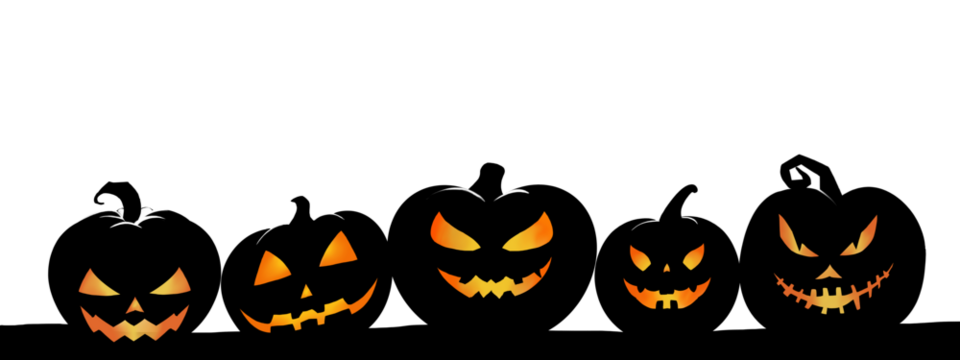 Halloween banner for web. Pumpkins, jack'o lantern, witch, graves, bats and moon. Spooky Halloween season