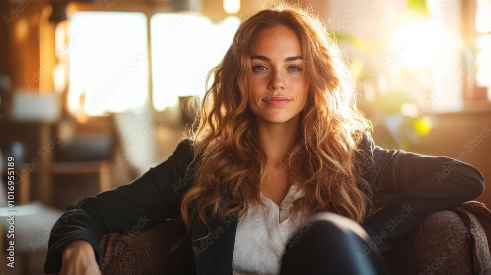 Wall mural A woman sits comfortably in casual attire, gazing contentedly into the distance with sunlight streaming in, depicting warmth, peace, and contentment in a cozy setting.