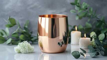 A polished copper bathroom tumbler, isolated on a sleek grey background with decorative candles and greenery