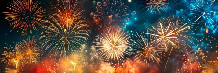 Colorful fireworks illuminate the night sky during a festive celebration in a bustling city