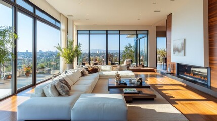 Fototapeta premium Modern living room with large windows showcasing a scenic view and elegant furnishings.