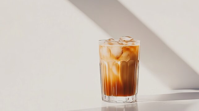 A refreshing glass of iced latte is captured against a pristine backdrop of white.