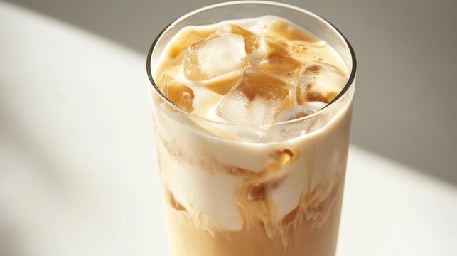 A refreshing glass of iced latte is captured against a pristine backdrop of white.
