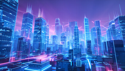 Obraz premium Futuristic cityscape with holographic buildings and neon lights, showcasing advanced architectural planning